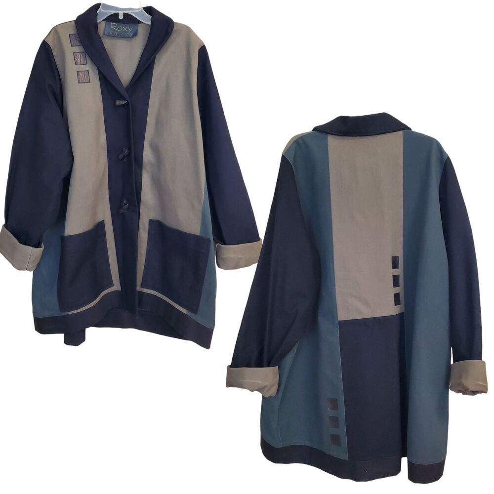 Roxy Wells Art Geometric Colorblock Jacket Lagenlook Size L XL Oversized Canvas